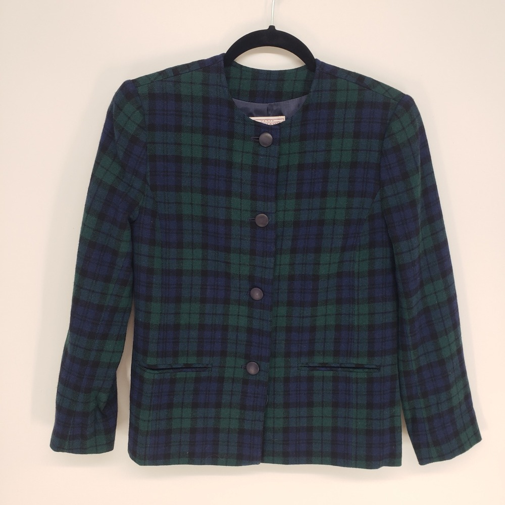 Vintage 90s Pendleton Black Watch Plaid Wool Blazer Jacket Womens 6P‎ Green Blue